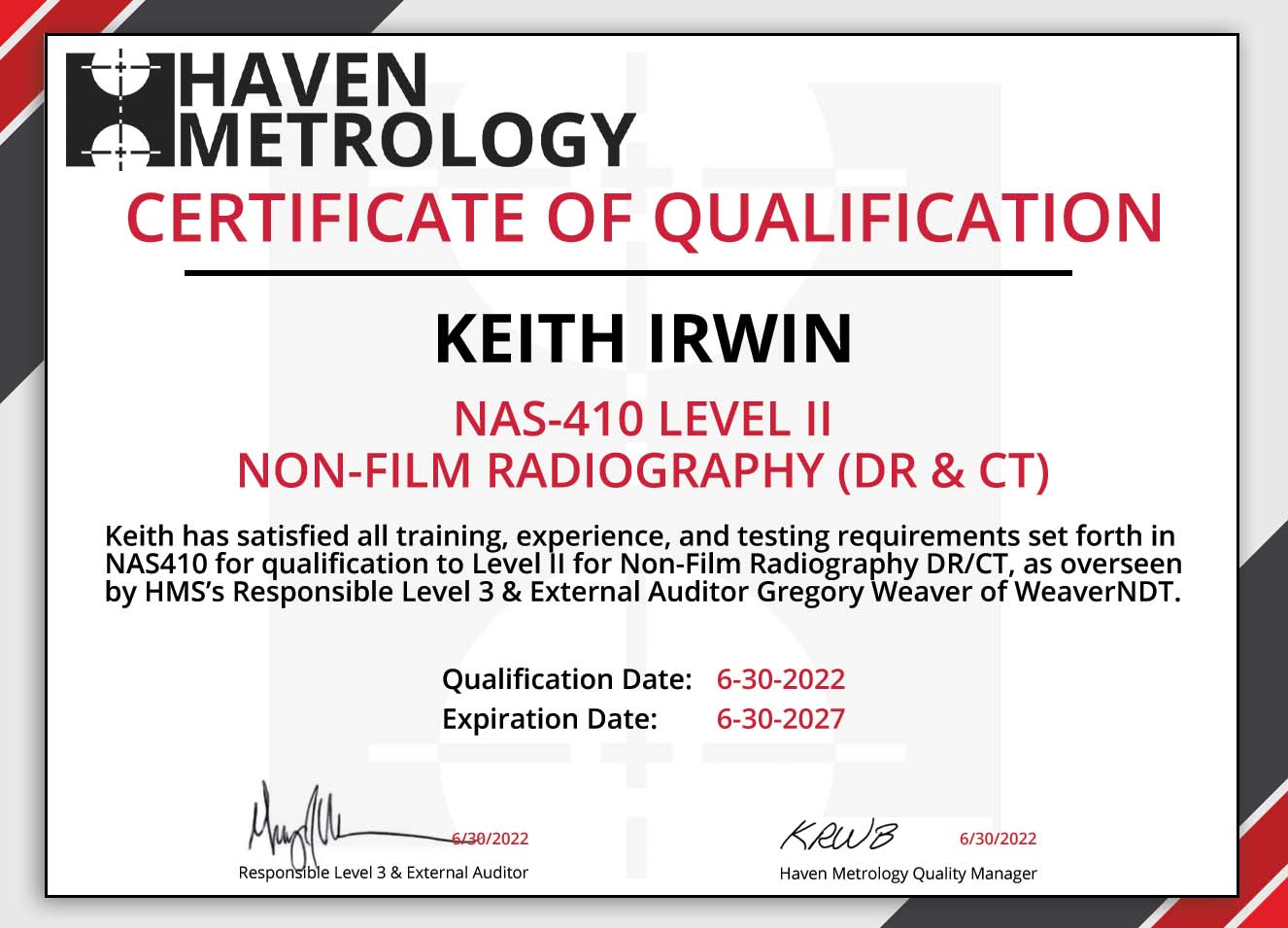 nas-410-rt-dr-ct-level-ii-qualification-keith-irwin-certificate